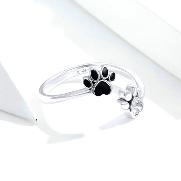 S925 เงินสเตอร์ลิงน่ารักสัตว์เลี้ยง Paw พิมพ์แหวนเปิดแหวนหยดสีดำ, SCR605
