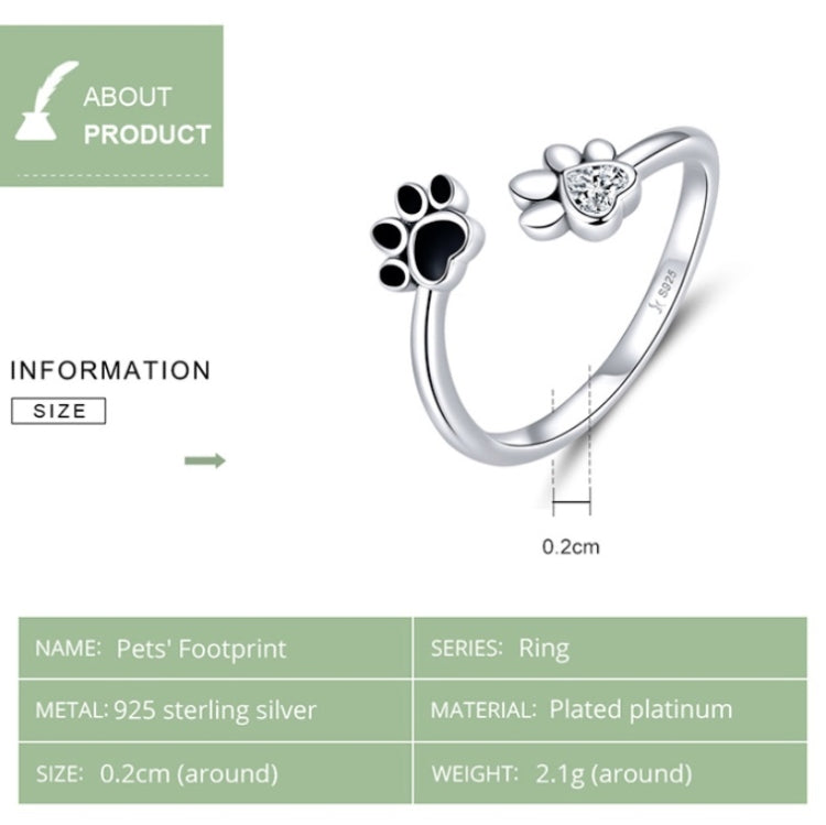 S925 เงินสเตอร์ลิงน่ารักสัตว์เลี้ยง Paw พิมพ์แหวนเปิดแหวนหยดสีดำ, SCR605