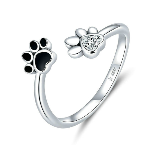 S925 เงินสเตอร์ลิงน่ารักสัตว์เลี้ยง Paw พิมพ์แหวนเปิดแหวนหยดสีดำ, SCR605