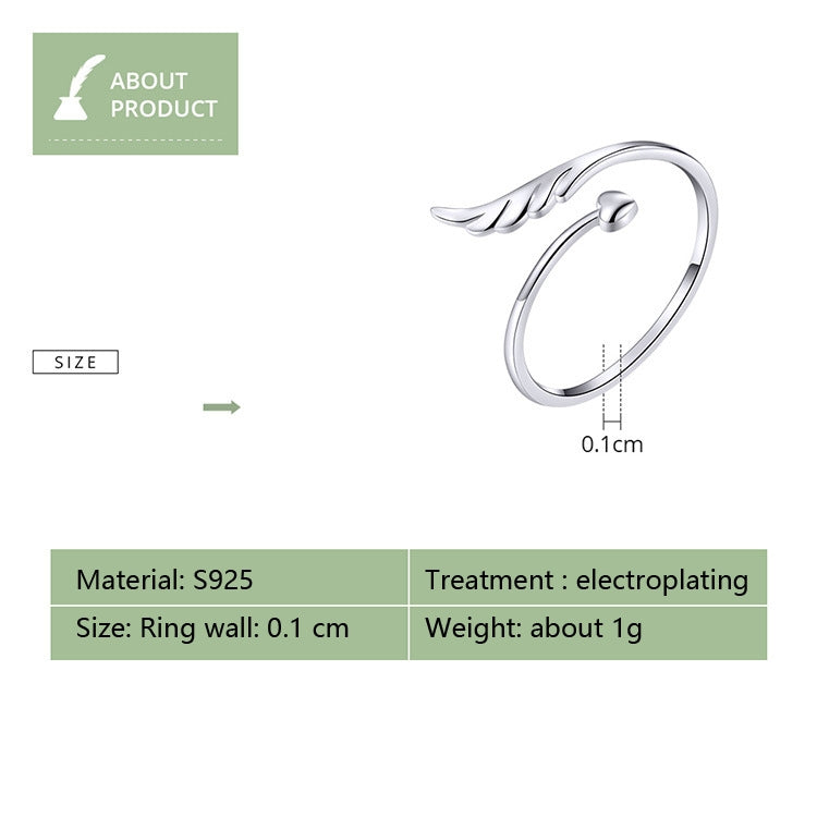 S925 เงินสเตอร์ลิง Angel Wings เปิดแหวน White Gold Plated เปิดแหวน, SCR567