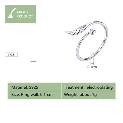 S925 เงินสเตอร์ลิง Angel Wings เปิดแหวน White Gold Plated เปิดแหวน, SCR567