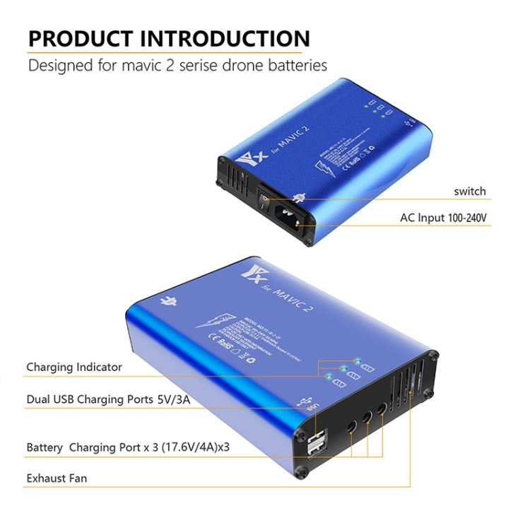 YX สำหรับเครื่องชาร์จโลหะผสมอลูมิเนียม DJI MAVIC 2 พร้อมสวิตช์, US Plug