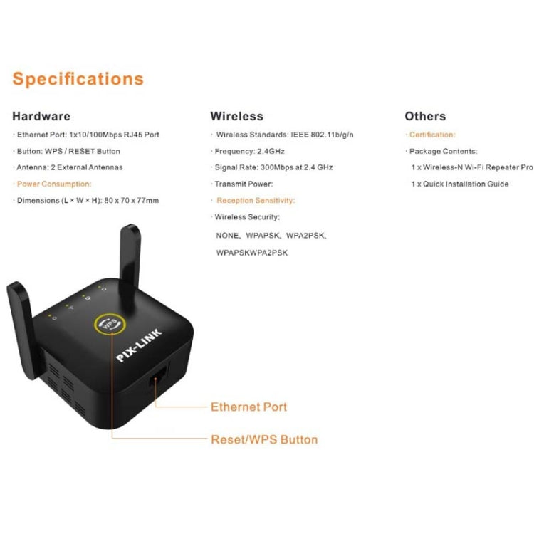 PIX-LINK WR22 300Mbps Wifi ขยายสัญญาณไร้สาย Enhancement Extender, EU Plug, US Plug, UK Plug, AU Plug