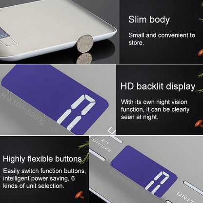 เครื่องชั่งอาหารสแตนเลสแบบดิจิตอลมัลติฟังก์ชั่นพร้อมจอแสดงผล LCD, 5kg/1g, Rose Gold, 5kg/1g, Silver