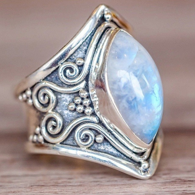 แหวนหินใหญ่เงินวินเทจสำหรับผู้หญิงแฟชั่นเครื่องประดับ Boho โบฮีเมียน