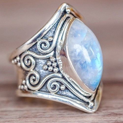 แหวนหินใหญ่เงินวินเทจสำหรับผู้หญิงแฟชั่นเครื่องประดับ Boho โบฮีเมียน