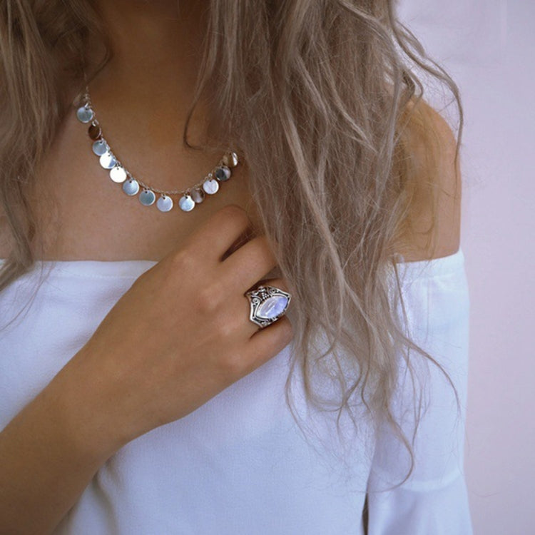 แหวนหินใหญ่เงินวินเทจสำหรับผู้หญิงแฟชั่นเครื่องประดับ Boho โบฮีเมียน