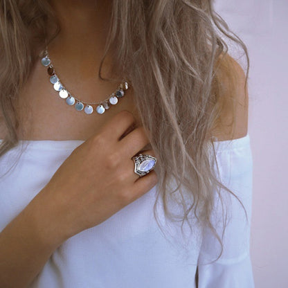 แหวนหินใหญ่เงินวินเทจสำหรับผู้หญิงแฟชั่นเครื่องประดับ Boho โบฮีเมียน