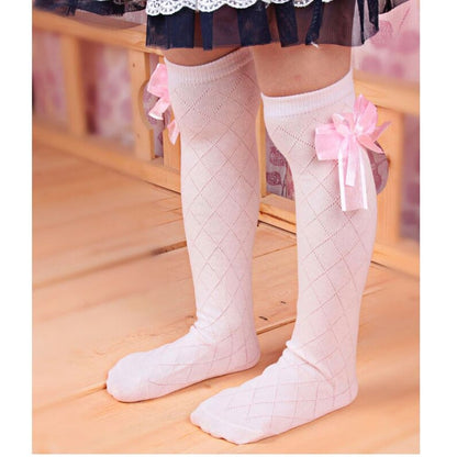 ถุงเท้าเด็ก 3 คู่ตาข่ายถุงเท้าเจ้าหญิงโบว์ตารางเหนือเข่าถุงเท้า, 43cm