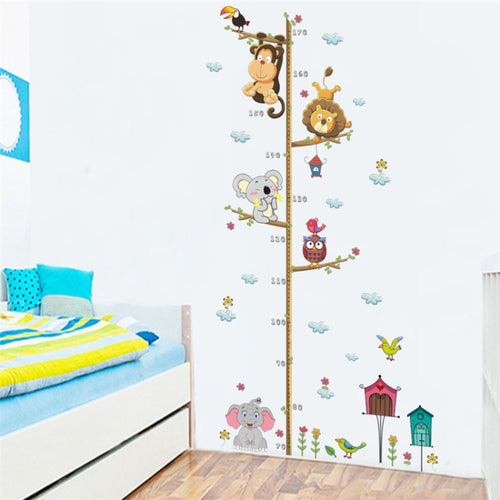 การ์ตูนสัตว์สิงโตลิงนกฮูกช้างวัดความสูง DIY สติ๊กเกอร์ติดผนัง PVC กันน้ำ