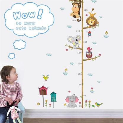 การ์ตูนสัตว์สิงโตลิงนกฮูกช้างวัดความสูง DIY สติ๊กเกอร์ติดผนัง PVC กันน้ำ