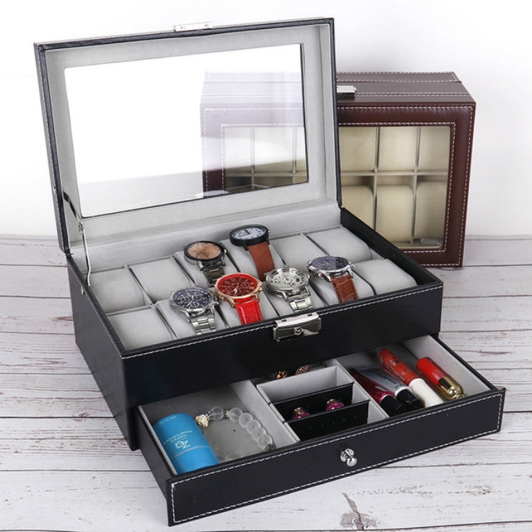 หนัง PU 12 บิตกล่องนาฬิกา Double-Layer เครื่องประดับกล่องกล่อง, PU Leather Brown