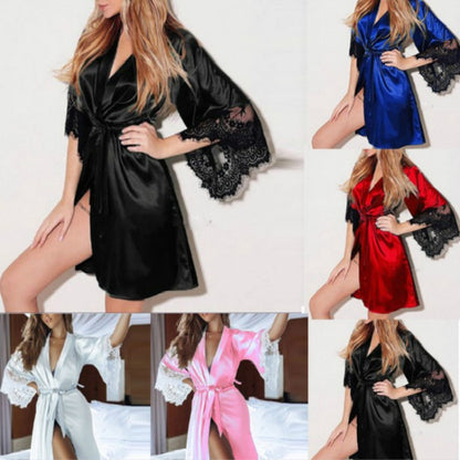 ผู้หญิงเซ็กซี่ผ้าไหม Dressing Lace เสื้อคลุมอาบน้ำชุดนอน, XXXL, M