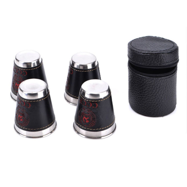 4 in 1 70ml Outdoor Camping Tableware ถ้วยท่องเที่ยวชุดอุปกรณ์ปิกนิกสแตนเลสสตีลไวน์เบียร์ถ้วยแก้ววิสกี้ PU หนัง