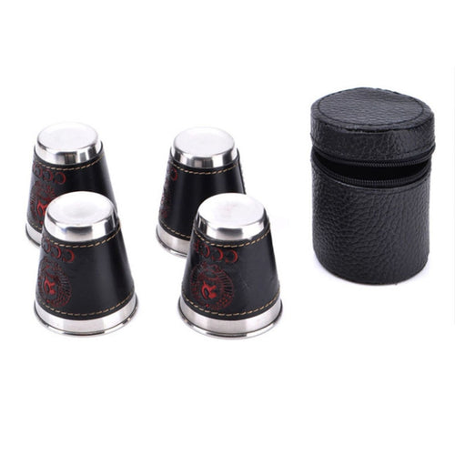 4 in 1 70ml Outdoor Camping Tableware ถ้วยท่องเที่ยวชุดอุปกรณ์ปิกนิกสแตนเลสสตีลไวน์เบียร์ถ้วยแก้ววิสกี้ PU หนัง