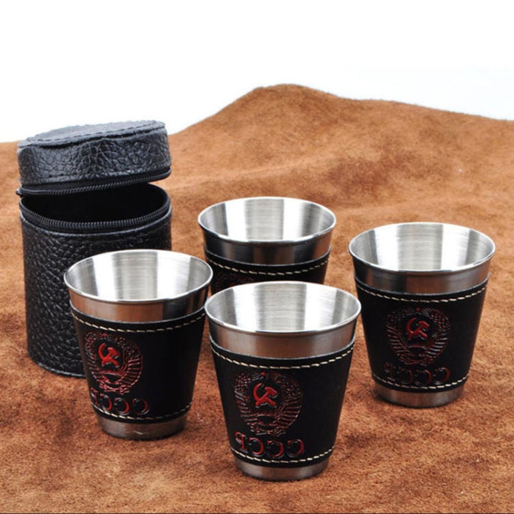 4 in 1 70ml Outdoor Camping Tableware ถ้วยท่องเที่ยวชุดอุปกรณ์ปิกนิกสแตนเลสสตีลไวน์เบียร์ถ้วยแก้ววิสกี้ PU หนัง