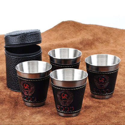 4 in 1 70ml Outdoor Camping Tableware ถ้วยท่องเที่ยวชุดอุปกรณ์ปิกนิกสแตนเลสสตีลไวน์เบียร์ถ้วยแก้ววิสกี้ PU หนัง
