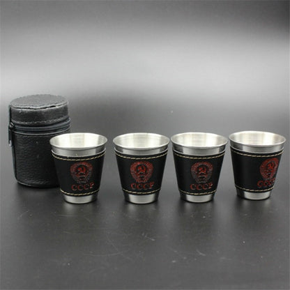 4 in 1 70ml Outdoor Camping Tableware ถ้วยท่องเที่ยวชุดอุปกรณ์ปิกนิกสแตนเลสสตีลไวน์เบียร์ถ้วยแก้ววิสกี้ PU หนัง