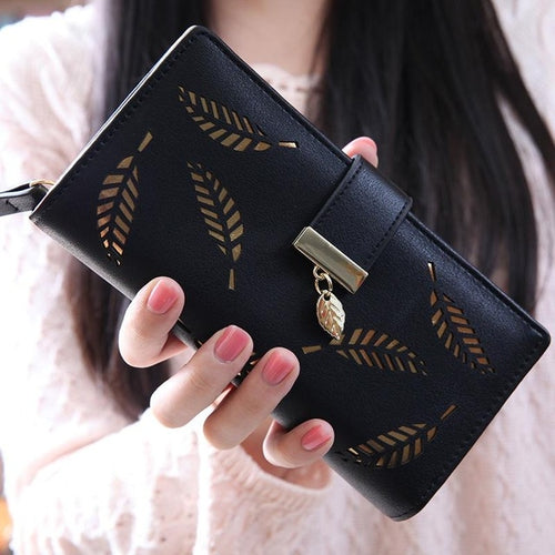 Long Gold Hollow Leaves กระเป๋าสตางค์ใส่เหรียญสำหรับผู้หญิง