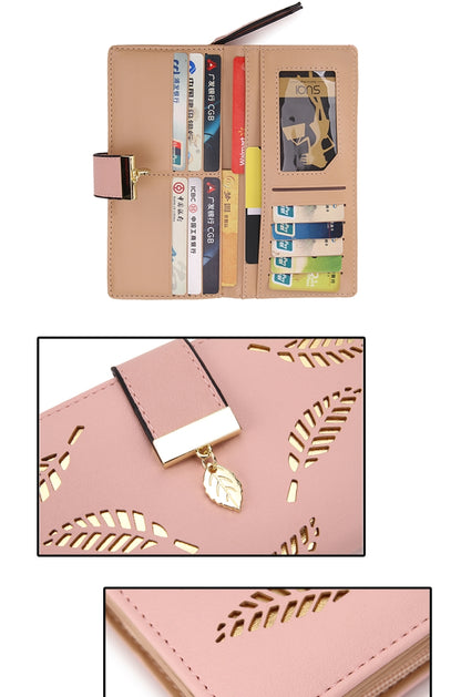 Long Gold Hollow Leaves กระเป๋าสตางค์ใส่เหรียญสำหรับผู้หญิง