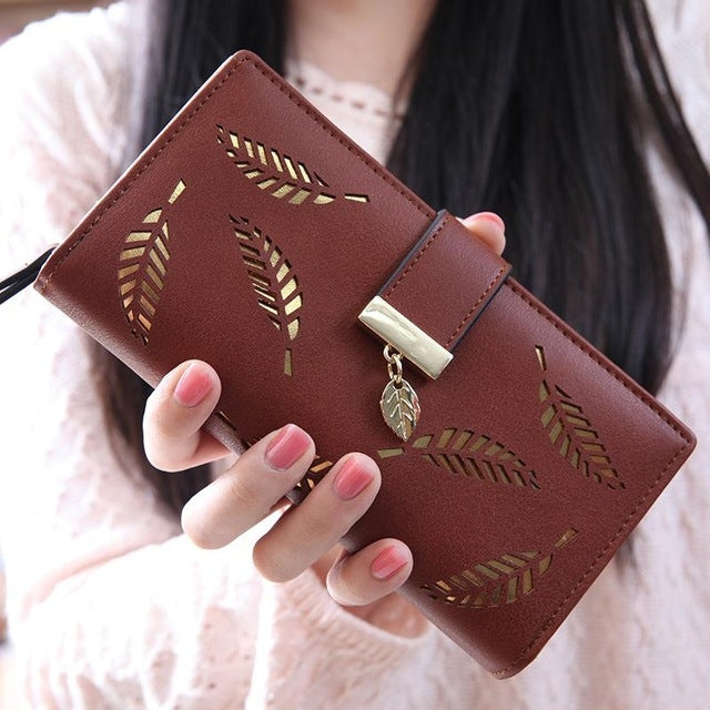 Long Gold Hollow Leaves กระเป๋าสตางค์ใส่เหรียญสำหรับผู้หญิง