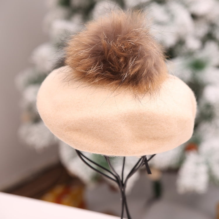ผู้หญิง Retro ตุ๊กตา Ball Beret หมวกหมวกแคชเมียร์หลวม, One Size
