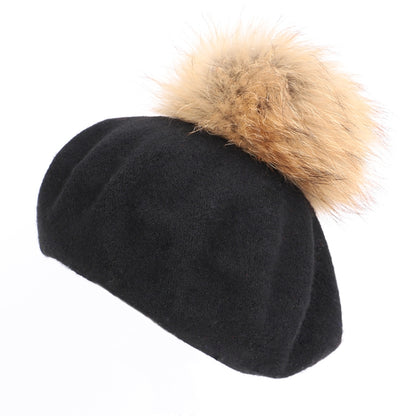 ผู้หญิง Retro ตุ๊กตา Ball Beret หมวกหมวกแคชเมียร์หลวม, One Size