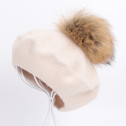 ผู้หญิง Retro ตุ๊กตา Ball Beret หมวกหมวกแคชเมียร์หลวม, One Size