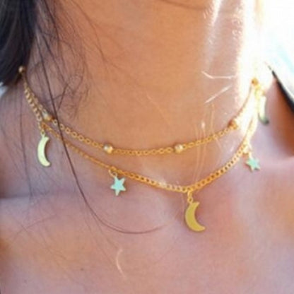 5 ชิ้น Simple Double Moon Star สร้อยคอสั้น