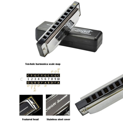 Swan 2 ชิ้น 10 หลุมเต็มรูปแบบ Bruce Harmonica เริ่มต้นเด็กนักเรียนผู้ใหญ่เล่นเครื่องดนตรี, Swan 10 Holes Bruce Harmonica
