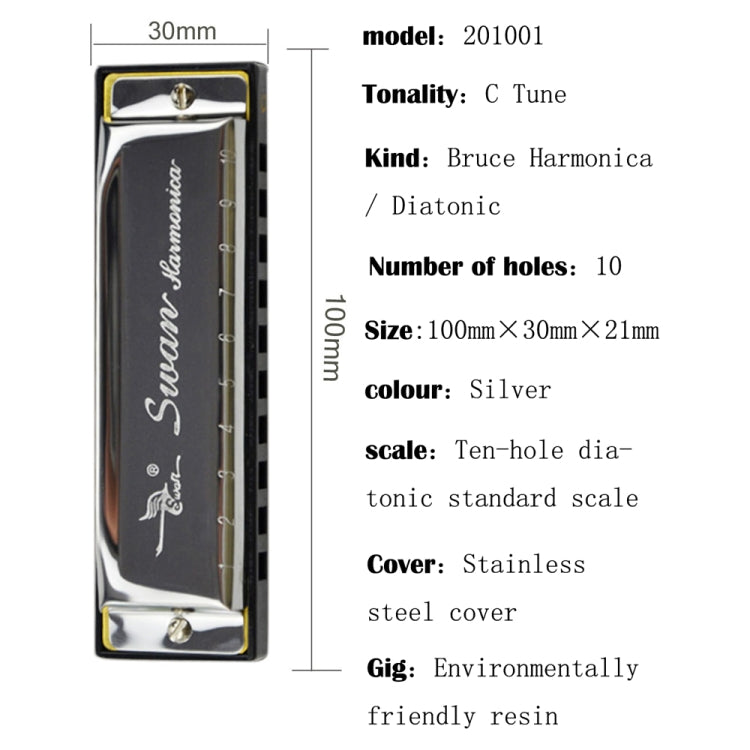 Swan 2 ชิ้น 10 หลุมเต็มรูปแบบ Bruce Harmonica เริ่มต้นเด็กนักเรียนผู้ใหญ่เล่นเครื่องดนตรี, Swan 10 Holes Bruce Harmonica