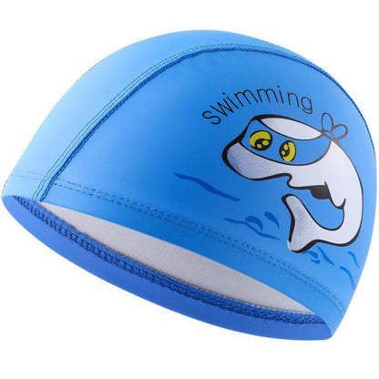 หมวกว่ายน้ำเด็ก PU พิมพ์หมวกว่ายน้ำยืดหยุ่นลายปลาโลมาน่ารัก, Children PU Swimming Cap (Dark Blue), Children PU Swimming Cap (Pink), Children PU Swimming Cap (Sky Blue)