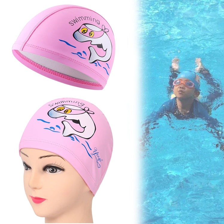 หมวกว่ายน้ำเด็ก PU พิมพ์หมวกว่ายน้ำยืดหยุ่นลายปลาโลมาน่ารัก, Children PU Swimming Cap (Dark Blue), Children PU Swimming Cap (Pink), Children PU Swimming Cap (Sky Blue)