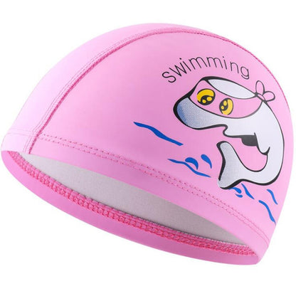 หมวกว่ายน้ำเด็ก PU พิมพ์หมวกว่ายน้ำยืดหยุ่นลายปลาโลมาน่ารัก, Children PU Swimming Cap (Dark Blue), Children PU Swimming Cap (Pink), Children PU Swimming Cap (Sky Blue)