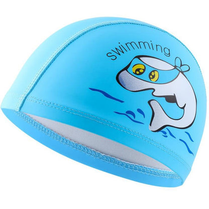 หมวกว่ายน้ำเด็ก PU พิมพ์หมวกว่ายน้ำยืดหยุ่นลายปลาโลมาน่ารัก, Children PU Swimming Cap (Dark Blue), Children PU Swimming Cap (Pink), Children PU Swimming Cap (Sky Blue)