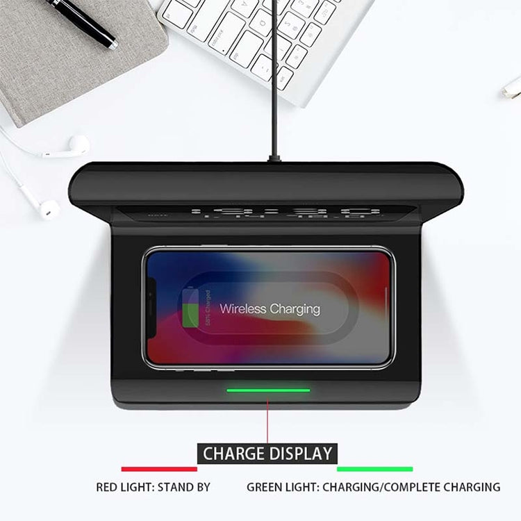 เครื่องชาร์จไร้สายโทรศัพท์มือถือมัลติฟังก์ชั่น 10W QI สากลพร้อมนาฬิกาปลุกและเวลา / ปฏิทิน / การแสดงอุณหภูมิ, RT1 10W (Black)