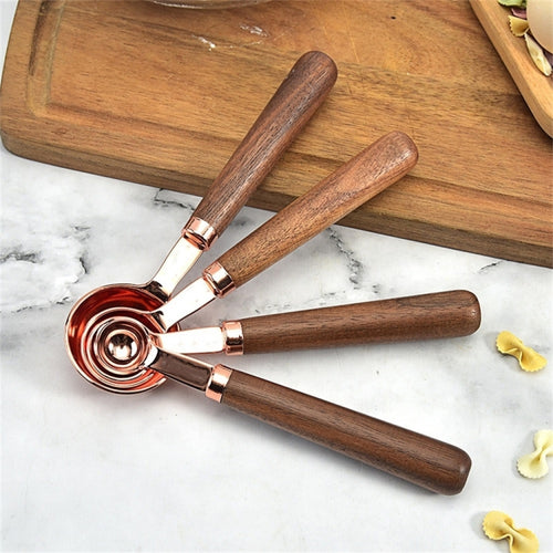 วอลนัทจับครัวชุบทองแดงเครื่องมืออบชุดวัดขนาดบาร์เทนเดอร์, 4 PCS / Set Measuring Spoon, 4 PCS / Set Measuring Cup