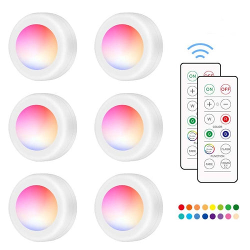 6 ชิ้น/เซ็ต 16 สี RGB LED Night Light Strobe บรรยากาศ Pat Light รีโมทคอนโทรลตู้ไฟ 2 รีโมทคอนโทรล