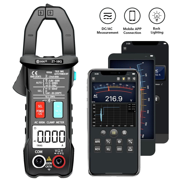 BSIDE Bluetooth 5.0 6000 คำแคลมป์มิเตอร์ AC อัจฉริยะความแม่นยำสูง, ZT-5BQ, ZT-5BQ+C3140 Clip