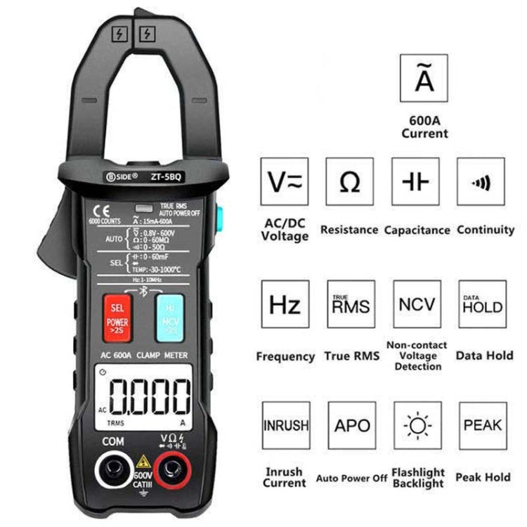 BSIDE Bluetooth 5.0 6000 คำแคลมป์มิเตอร์ AC อัจฉริยะความแม่นยำสูง, ZT-5BQ, ZT-5BQ+C3140 Clip