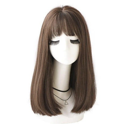 หมวกไฟเบอร์สังเคราะห์วิกผมยาวตรงสมจริงสำหรับผู้หญิง, Short Cold Brown 45CM