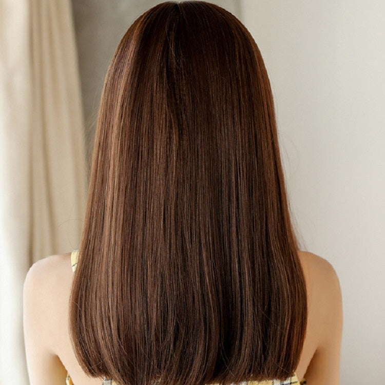 หมวกไฟเบอร์สังเคราะห์วิกผมยาวตรงสมจริงสำหรับผู้หญิง, Short Cold Brown 45CM