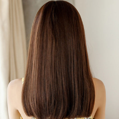 หมวกไฟเบอร์สังเคราะห์วิกผมยาวตรงสมจริงสำหรับผู้หญิง, Short Cold Brown 45CM