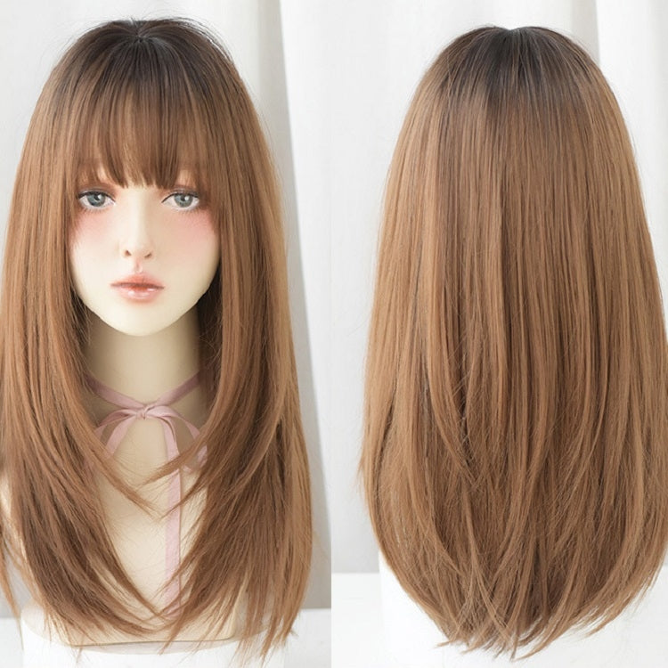 ชุดวิกผมหน้าม้าผมยาวตรงสำหรับผู้หญิง, Honey Tea, Cool Brown, Black Brown