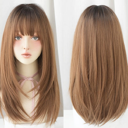 ชุดวิกผมหน้าม้าผมยาวตรงสำหรับผู้หญิง, Honey Tea, Cool Brown, Black Brown