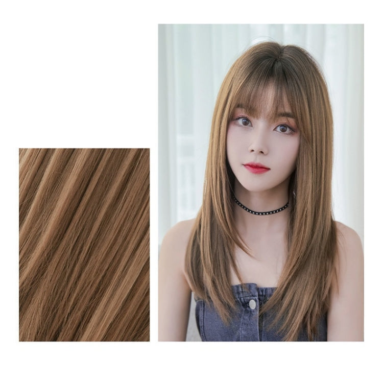 ชุดวิกผมหน้าม้าผมยาวตรงสำหรับผู้หญิง, Honey Tea, Cool Brown, Black Brown