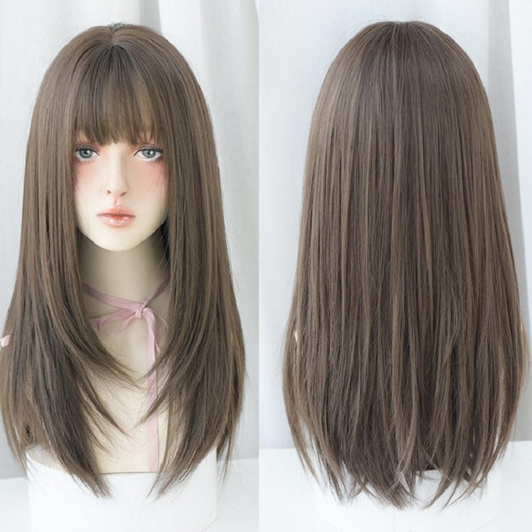 ชุดวิกผมหน้าม้าผมยาวตรงสำหรับผู้หญิง, Honey Tea, Cool Brown, Black Brown