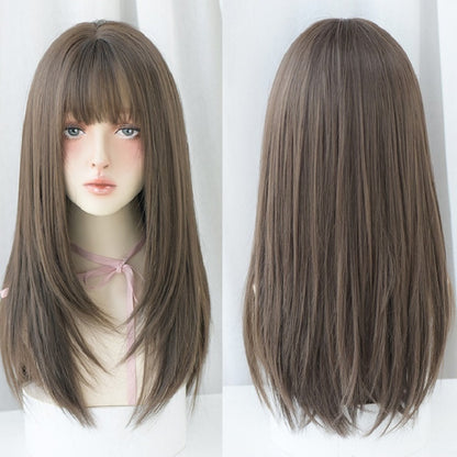 ชุดวิกผมหน้าม้าผมยาวตรงสำหรับผู้หญิง, Honey Tea, Cool Brown, Black Brown