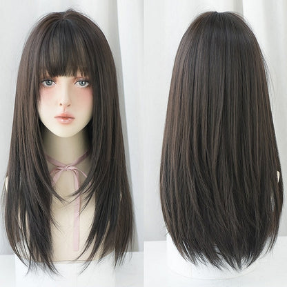 ชุดวิกผมหน้าม้าผมยาวตรงสำหรับผู้หญิง, Honey Tea, Cool Brown, Black Brown