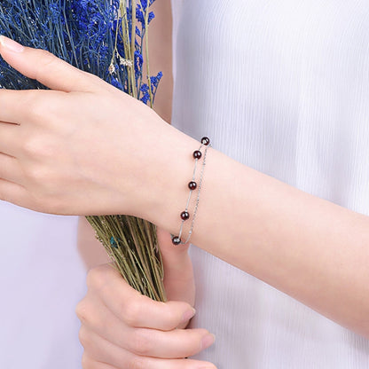 สร้อยข้อมือเงินแท้ 925 สร้อยข้อมือคริสตัลผู้หญิงลูกปัดธรรมชาติเครื่องประดับสองชั้น, Strawberry Crystal